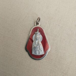 VTG Our Lady Of Fatima Pendant Charm Rosery Religious Silver Tone Red